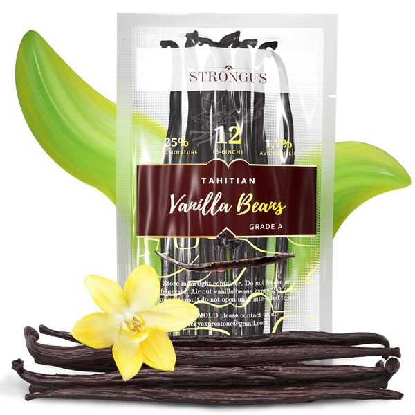 12 Large Tahitian Vanilla Beans - Vacuum Sealed Grade A Vanilla Pods - Rich, Creamy Flavor & Aroma - Ingredients for Baking