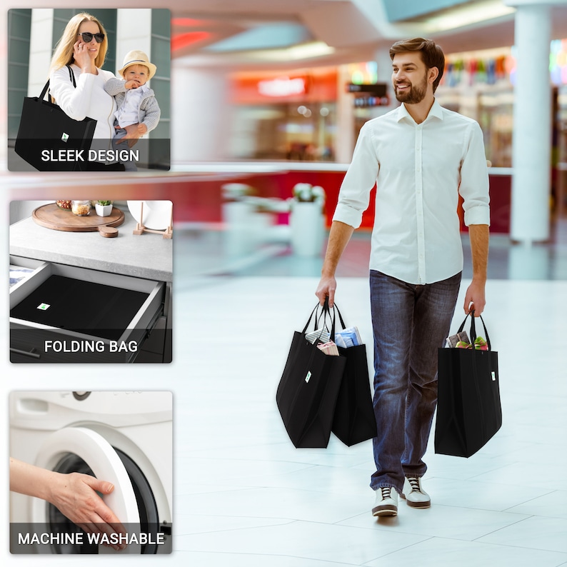 Reusable Grocery Bags 5 Pack, Black Hold 50 Lbs Extra Large & Super