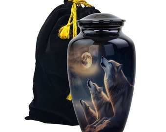 3 Wolf Cremation urns Wolf and the Moon light Cremation Urn for Ashes | Black Adult Handcrafted Urn 200 Cubic...