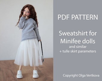 Minifee スウェットシャツ パターン PDF、BJD MSD 人形用ルーズフィット スウェットシャツ パターン (+ スカート サイズ)