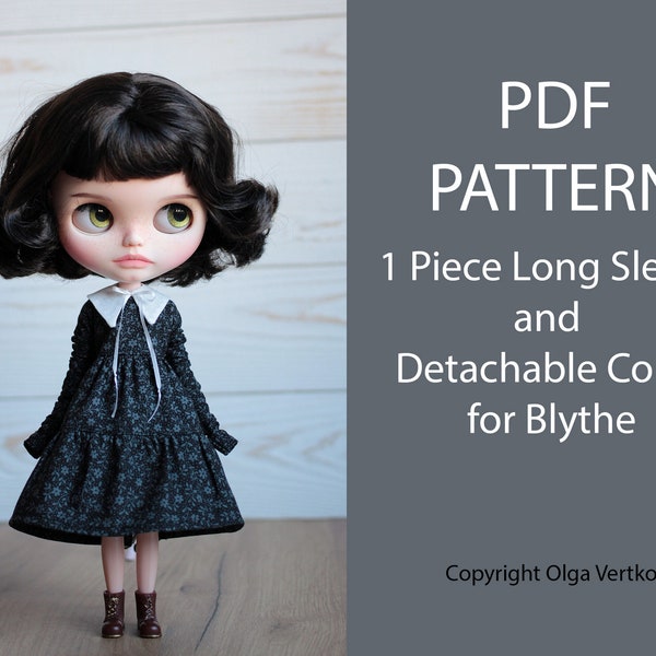 Patterns PDF One-piece dress with long sleeves, detachable collar for Neo Blythe, Licca doll, Azone S