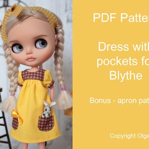 May include: PDF pattern for a yellow dress with pockets for Blythe dolls. The dress has a brown and white checkered trim and a brown and white checkered pocket. The pattern also includes a bonus apron pattern. Copyright Olga Vertkova.