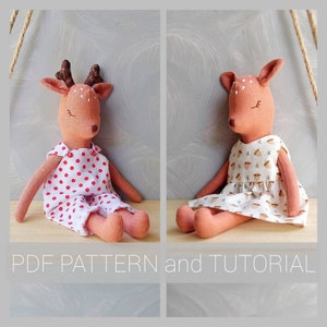 Rag fawn doll 2 in 1 with romper/dress pdf pattern and tutorial, deer pattern, for baby, eco toy sewing pattern, stuffed animal pattern