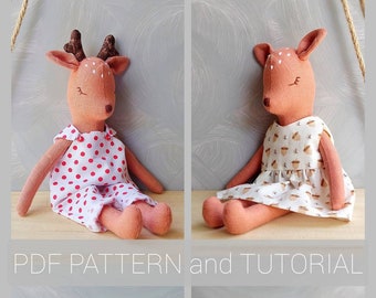 Rag fawn pop 2 in 1 met romper/jurk pdf patroon en tutorial, hertenpatroon, voor baby, eco speelgoed naaipatroon, knuffeldierpatroon