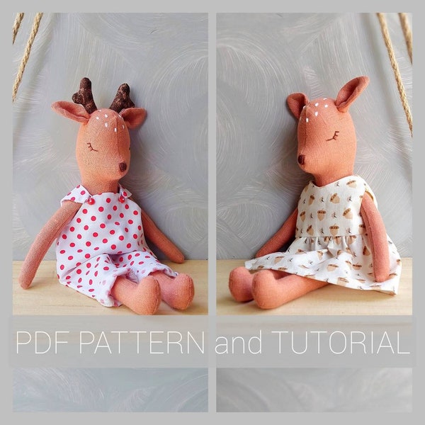 Poupée fauve de chiffon 2 en 1 avec patron pdf barboteuse/robe et tutoriel, modèle de cerf, pour bébé, modèle de couture jouet écologique, modèle animal en peluche