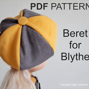 Puede incluir: Patrón PDF para una boina amarilla y gris para una muñeca Blythe. El patrón se titula "Beret for Blythe" e incluye el texto "Copyright Olga Vertkova".