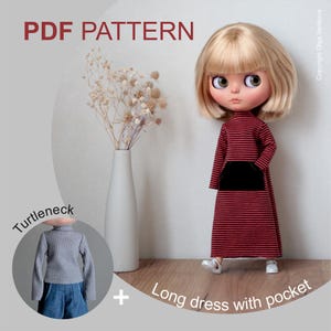 May include: PDF pattern for a doll outfit, featuring a red and black striped long dress with a pocket and a gray turtleneck sweater. The doll is not included.