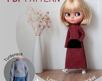 Patterns PDF knitted dress with a pocket and turtleneck for Neo Blythe, Licca, Azone S, Landoudou, Obitsu