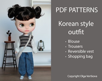 Patroon PDF Koreaanse stijl outfit voor Neo Blythe, Licca pop, Azone S, Obitsu 24, Blythe kledingpatroon, broek, vest, blouse voor Blythe