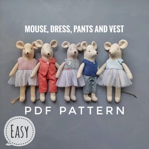 Patrón de costura en PDF para un ratón pequeño y su ropa, tutorial de costura de ratones de 15 cm (vestido, pantalones y chaleco) en inglés