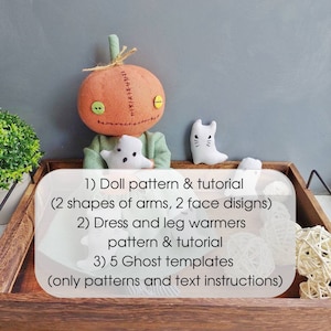 Op de afbeelding: Een set Halloween-naaipatronen voor een pompoendoll, een jurk en beenwarmers, en vijf spookfiguren. De patronen bevatten instructies voor het maken van de pop en accessoires.