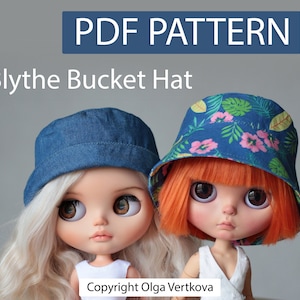 Bucket hat Patterns PDF for Blythe and for dolls with a head circumference of 11"