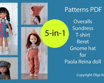 Cartamodello PDF 5 capi di abbigliamento tuta, prendisole, maglietta, due cappelli Paola Reina Antonio Juan Munecas Berjuan Dianna Effner bambole