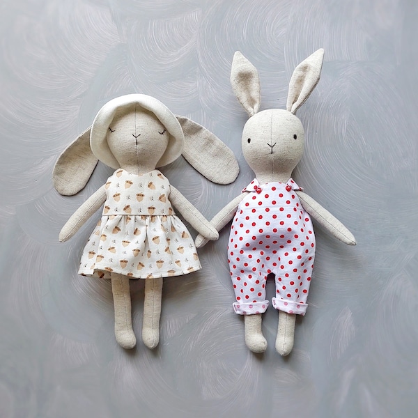 2 in 1 stuffed bunny with clothes pdf pattern and tutorial, rabbit pattern, eco toy, stuffed animal pattern, rag doll pdf, easy pattern