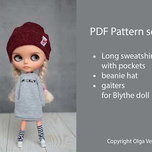 Patterns PDF Long hoodie with pockets, beanie hat, gaiters for Blythe