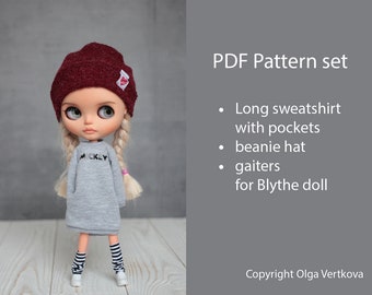 Patterns PDF Long hoodie with pockets, beanie hat, gaiters for Blythe