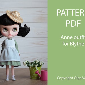 Pode incluir: Um padrão PDF para um traje de Anne para bonecas Blythe. O padrão inclui instruções para costurar um vestido, um avental e um chapéu. Copyright Olga Vertkova.