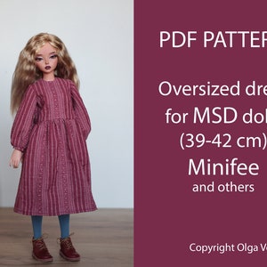 May include: PDF pattern for an oversized dress for MSD dolls (39-42 cm), including Minifee and other dolls. The dress is pink with white stripes and the doll is wearing blue tights and brown boots. Copyright Olga Vertkova.