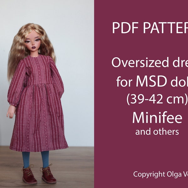 Minifee provence style dress pattern PDF, Oversized dress for BJD MSD doll 14-16 inch