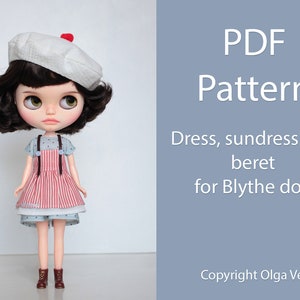 May include: A Blythe doll wearing a red and white striped sundress with blue accents, brown boots, and a white beret with a red pom-pom. The image includes the text "PDF Pattern" and "Dress, sundress and beret for Blythe doll."