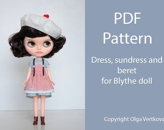 Schnittmuster PDF 1 Stück Kleid, Sommerkleid und Baskenmütze für Blythe, Licca doll