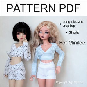 Patrones PDF de top corto de manga larga y shorts para Minifee y muñecas con parámetros similares