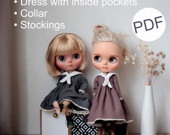 Pattern PDF Dress with inside pockets, collar, stockings for Neo Blythe, Licca, Obitsu 24