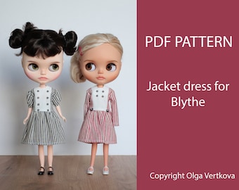 May include: PDF pattern for a jacket dress for Blythe dolls. The pattern is shown on two dolls, one with black and white stripes and the other with red and white stripes. The text "PDF PATTERN Jacket dress for Blythe Copyright Olga Vertkova" is visible on the right side of the image.