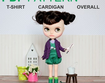 T-shirt e cardigan con tuta da giardiniere per Neo Blythe, bambola Licca, Azone S, Obitsu 24