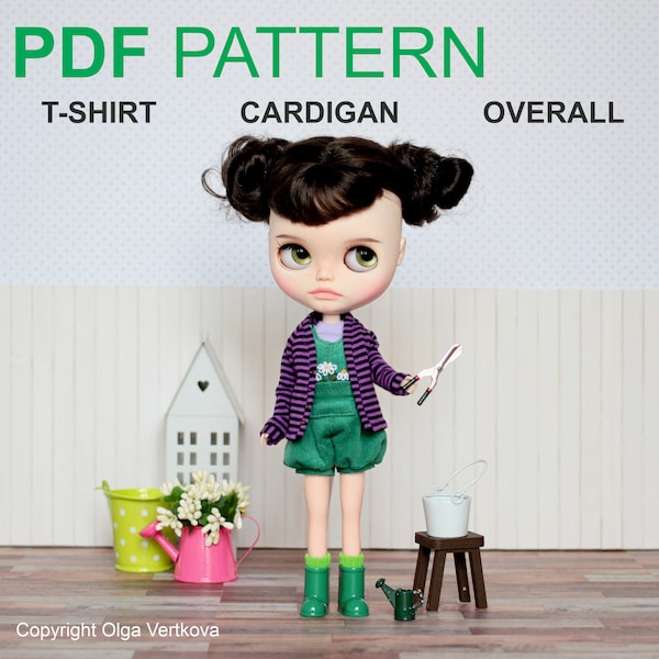 Patterns Gardener's Overalls T-shirt and cardigan for Neo Blythe, Licca doll, Azone S, Obitsu 24