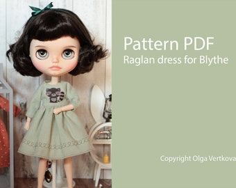 Schnittmuster PDF Raglan Kleid für Blythe für Puppen blythe, Azone, obitsu 24 + Video-Tutorial