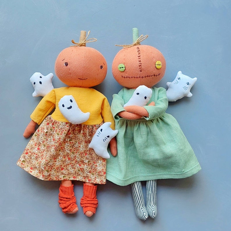 Pumpkin doll sewing pattern, funny halloween doll, 12 stuffed doll with clothes, stuffed animal pattern, rag doll, handmade halloween image 1