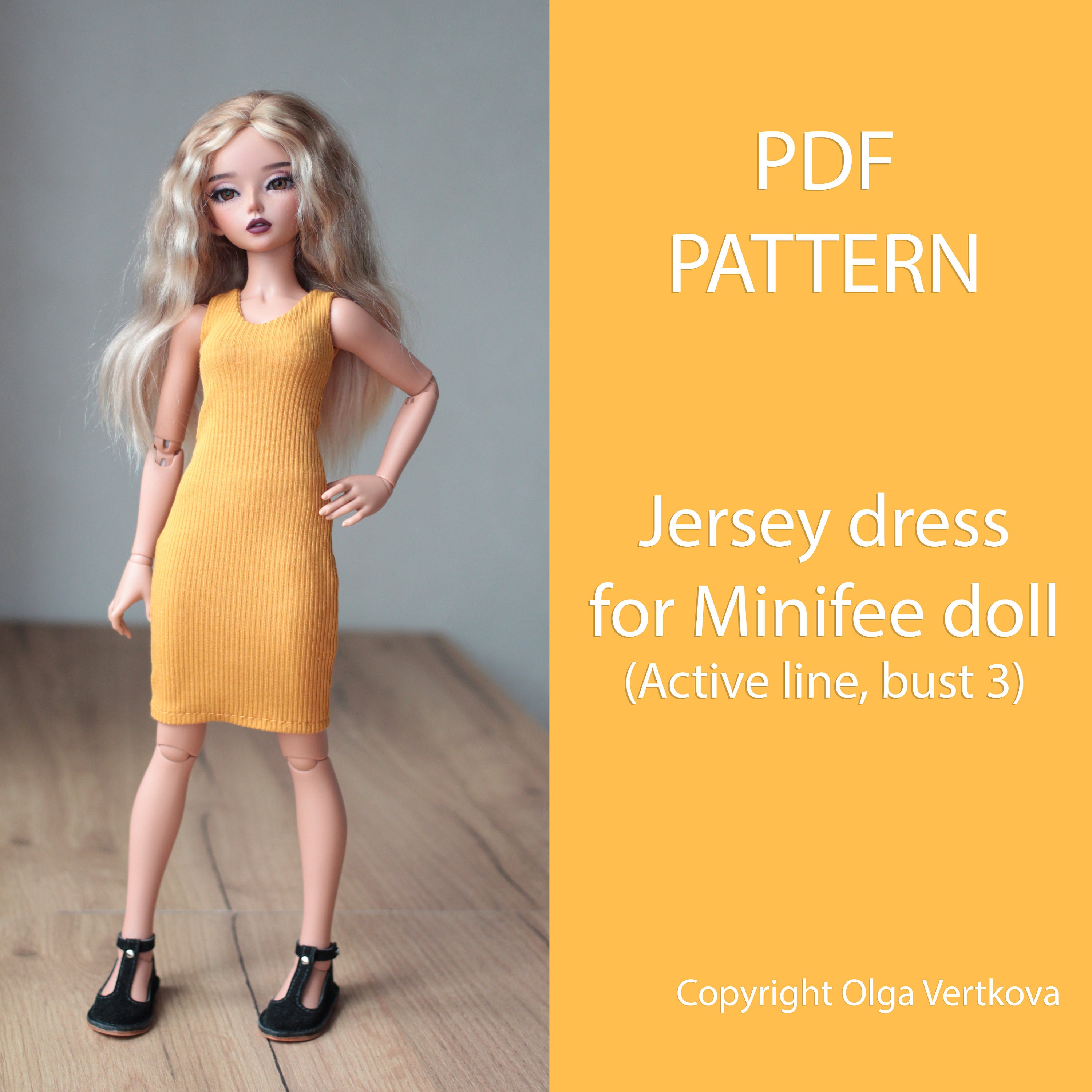 パターン PDF ミニフィアや類似の人形用のジャージードレス