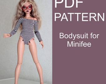 May include: A doll in a black and white striped bodysuit. The doll has blonde hair and red-framed glasses. The image includes the text "PDF PATTERN Bodysuit for Minifee". The doll is posed with legs apart.