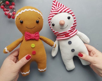 Peperkoekman en sneeuwpop patroon en tutorial, kerstpatroon, speelgoednaaipatroon, gevuld poppenpatroon, eenvoudig patroon