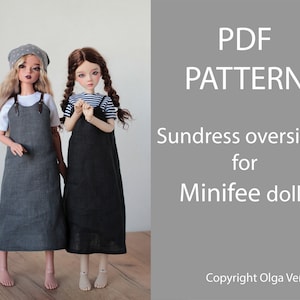 Peut inclure: Patron PDF pour une robe d'été, surdimensionnée, pour les poupées Minifee. Le patron est pour une robe d'été simple, sans manches, avec une jupe droite. L'image montre deux poupées portant la robe dans différentes couleurs.