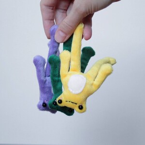 May include: Three plush frog toys hanging from a hand. The frogs are purple, green, and yellow. Each frog has black eyes and a white belly.