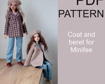 May include: PDF pattern for a coat and beret for a Minifee doll. The pattern includes instructions for sewing a brown plaid coat and a brown beret.