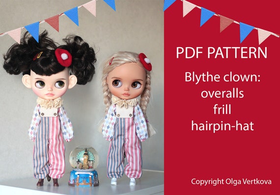 Blythe clothes pattern PDF, clown overalls for Blythe doll