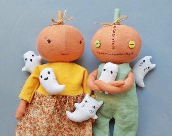 2-in-1 Pumpkin boy and girl sewing pattern, ghost pattern, funny halloween doll, 12" stuffed doll with clothes, rag doll, handmade halloween