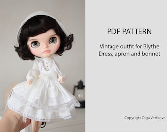 Patrones PDF Vestido Vintage, delantal con bolsillo y capota para Blythe, Azone, obitsu 24