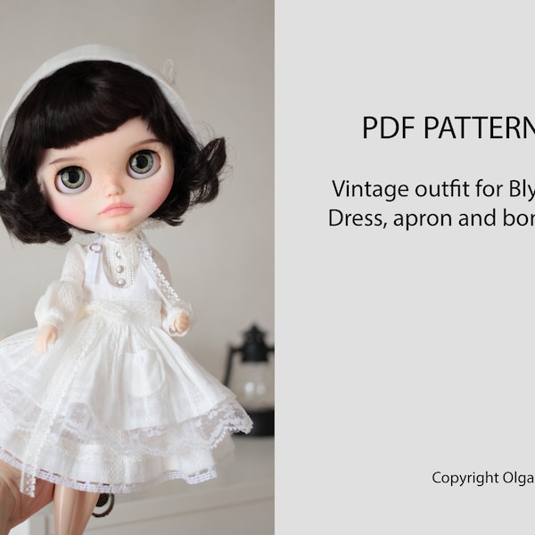 Patterns PDF Vintage Dress, apron with pocket and bonnet for Blythe, Azone, obitsu 24
