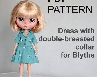 Patronen Jurk met kraag met dubbele rij knopen voor Neo Blythe, Licca pop, Azone S, Obitsu 24