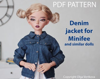 May include: A denim jacket for Minifee and similar dolls. The jacket features a classic design with a collar, button closures, and pockets. The text "PDF PATTERN" is at the top, and the text "Denim jacket for Minifee and similar dolls" is on the right.
