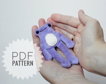 ミニサイズのカエルのぬいぐるみの縫製パターン、脚の長いぬいぐるみ（PDFパターン）