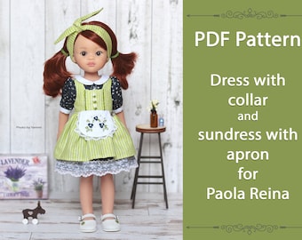 PDF doll clothes pattern : Dress with collar sleeves and a sundress with an apron for Paola Reina 13" (32-34 cm) doll and video diy tutorial