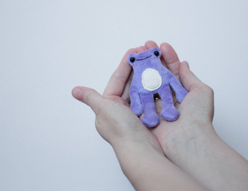May include: A small purple plush frog with a white belly and a happy face. The frog is being held in two hands.