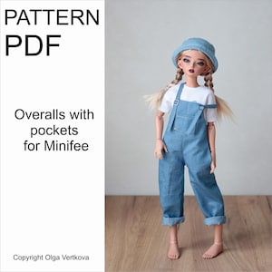 May include: A doll wearing denim overalls with pockets, a white t-shirt, and a blue bucket hat. The overalls have rolled-up cuffs. The image includes the text "PATTERN PDF" and "Overalls with pockets for Minifee."