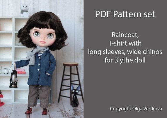 ブライスドール用洋服パターン：レインコート、Tシャツ、チノパン（PDF