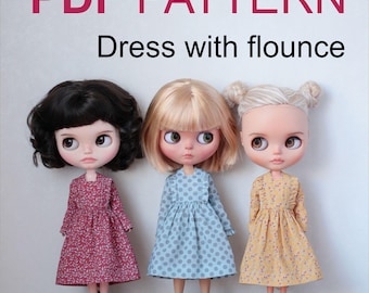 Mönster PDF Klänning med volang för Neo Blythe, Licca, Azone S, Landoudou, Obitsu